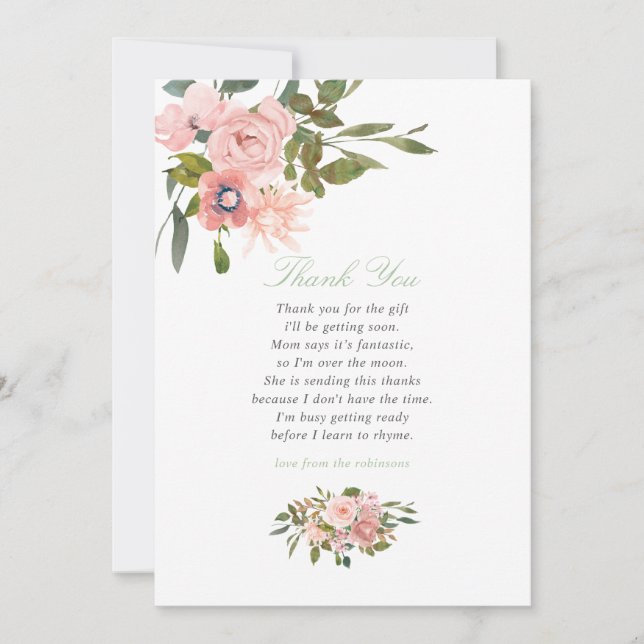 Agradecimento para Chá de Bebê com Floral Rosado e (Frente)
