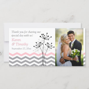 Agradecimento Rosa, Cinza Floral, Cartão com fotos de Casamento 