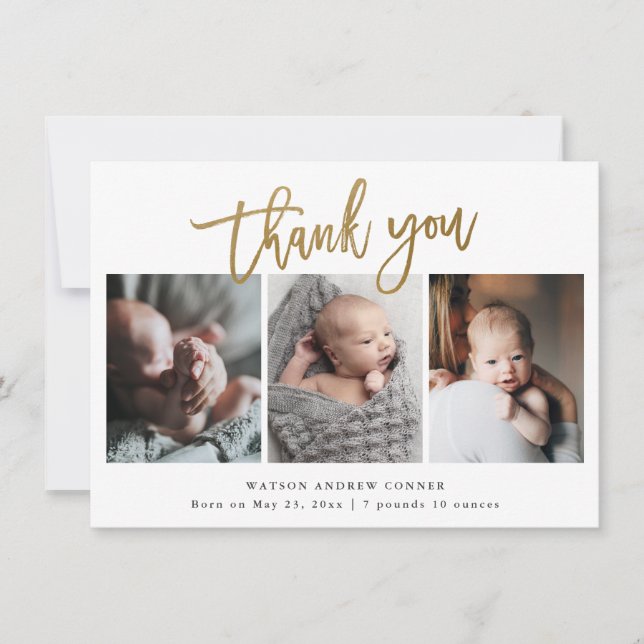 Agradecimento Simples Cartão de Bebê com 3 Fotos em Script Doura (Frente)