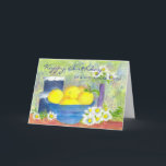 Aguarela da margarida do limão do amigo do cartão<br><div class="desc">Uma bacia de limões maduros brilhantes e de flores de florescência da margarida de shasta pintados na aguarela.</div>