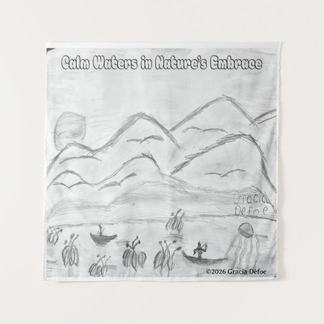 'Águas Tranquilas no Abraço da Natureza' Tapeçaria (Frente)