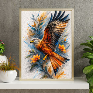 Águia Majestosa Arte Floral Poster Ave Vibrante