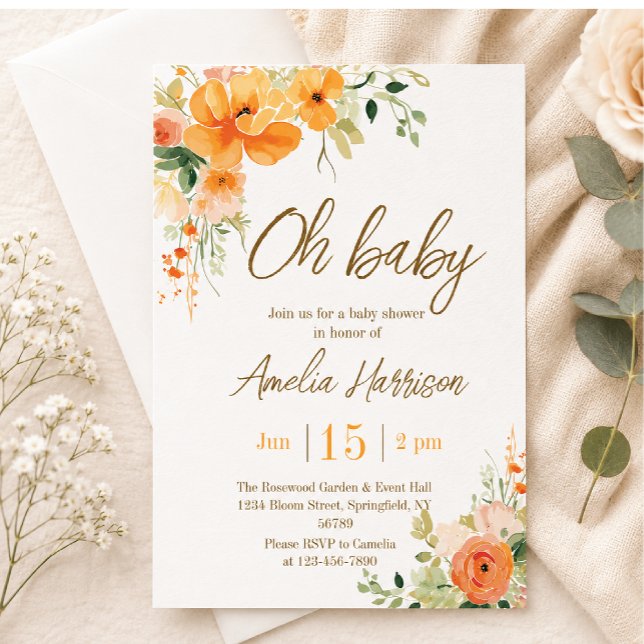Ah, Bebê! Convite de Chuveiro de Bebê Floral Elega (Criador carregado)