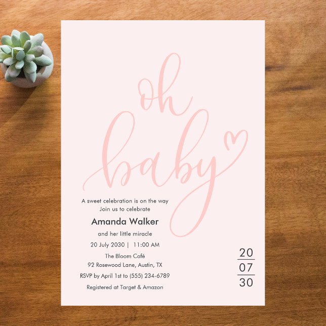 Ah, Bebê! Mínimo Convite de Chuveiro de Bebê Rosa  (Oh Baby! Minimal Elegant Pink Script Baby Shower Invitation)