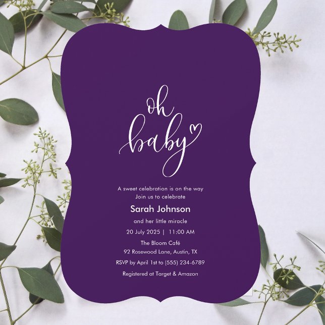 Ah, Bebê! Tipografia Mínima Convite de Chuvinha de (Oh Baby! Minimal Typography Purple Baby Shower Invitation)