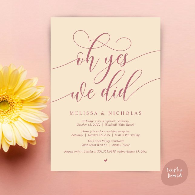 Ah Sim, Nós Fizemos Anúncio de Fuga Romântica com  (Oh Yes We Did Modern Creative Script Elopement Announcement Dinner Card in Champagne and Rose Gold)