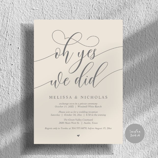 Ah Sim, Nós Fizemos Anúncio de Fuga Romântica com  (Oh Yes We Did Modern Creative Script Elopement Announcement Dinner Card in Cream Dark Grey)