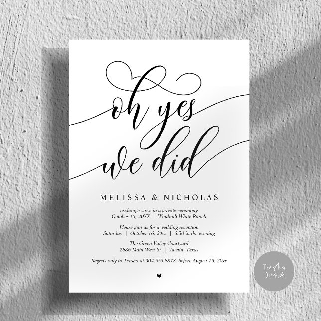 Ah Sim, Nós Fizemos Anúncio de Fuga Romântica com  (Oh Yes We Did Modern Creative Script Elopement Announcement Dinner Card in Black and White)