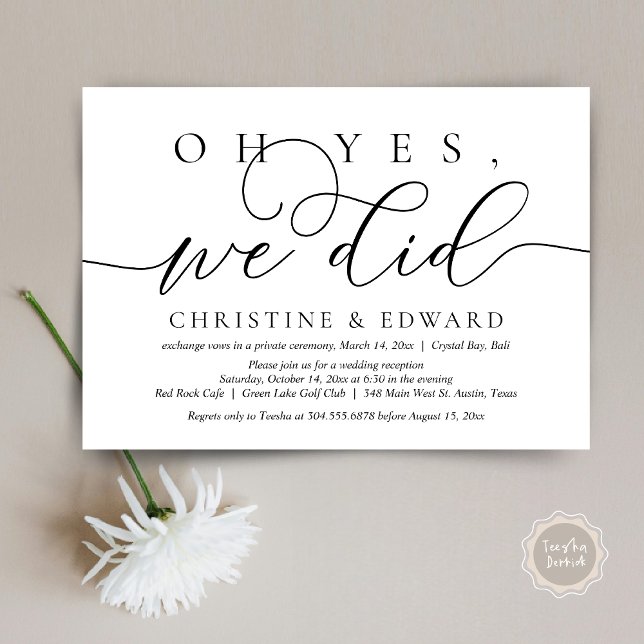 Ah Sim, Nós Fizemos, Convite de Casamento Furtivo (Oh Yes, We Did, Wedding Elopement Dinner Invitation Card, PDF, Modern Romantic, in Black and White)