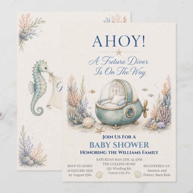 AHOY! Convite de Chá de Bebê do Futuro Diver com B (Frente/Verso)