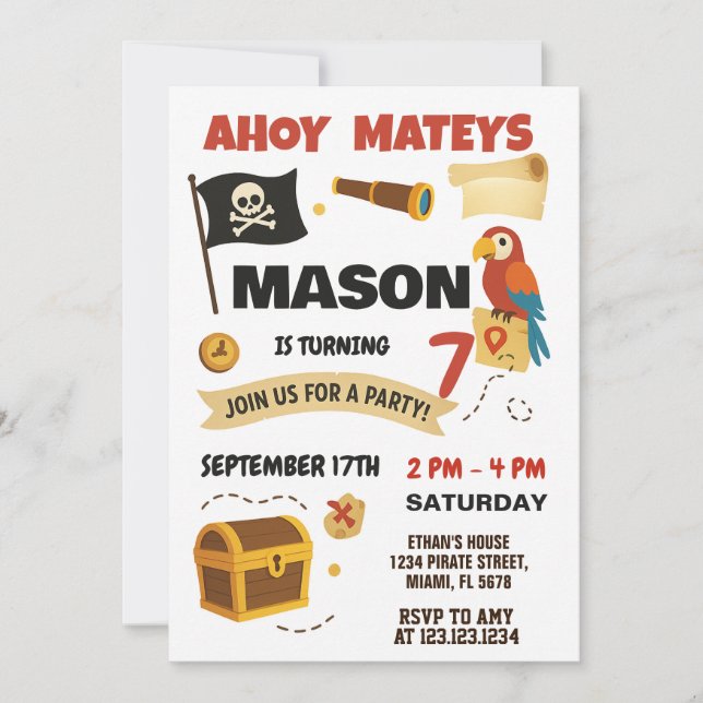 Ahoy! Convite pirata de aniversário para crianças (Frente)