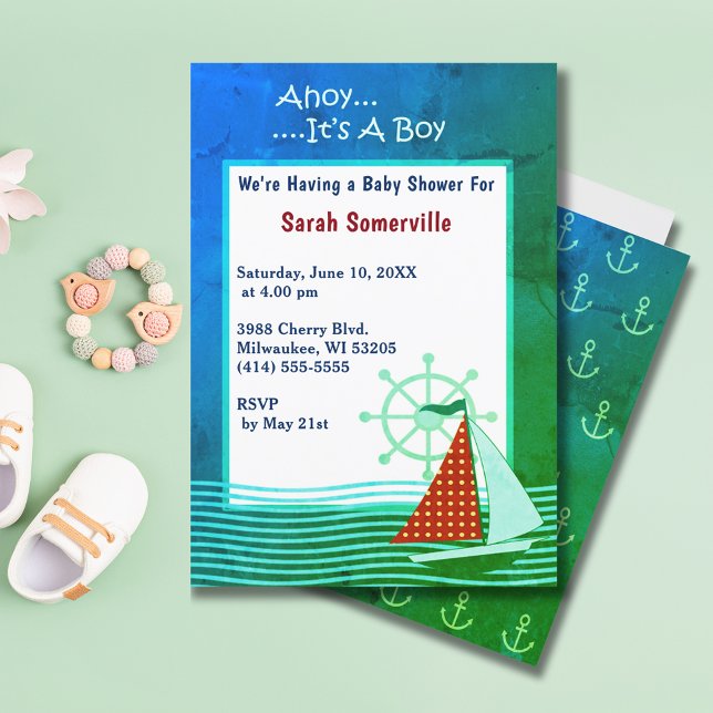 Ahoy, é um Cartão de Convite Retroativo para Chás  (Ahoy It's a Boy Baby Shower Retro Invitation Card)