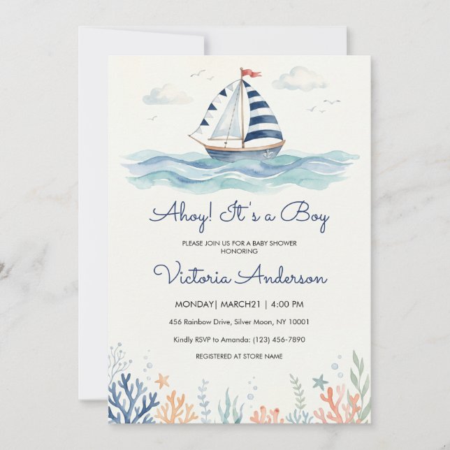 Ahoy É um Convite de Chás de Bebê Menino | Aquarel (Frente)