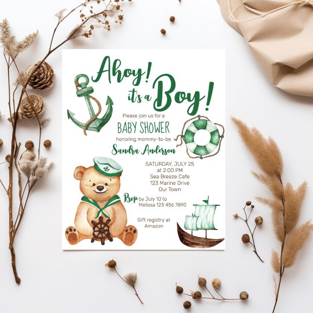 Ahoy é um garoto, um convite para chá de fraldas d (Ahoy it's a boy nautical teddy bear baby shower budget invitation green brown white cute teddy)