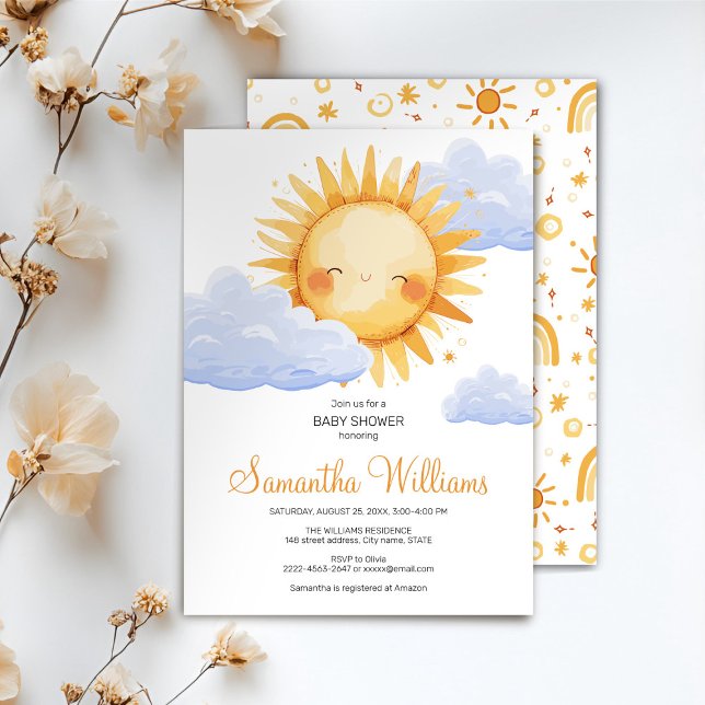 Aí vem o convite do chá de fraldas Sol (Here comes the Sun watercolor cute baby shower invitation )