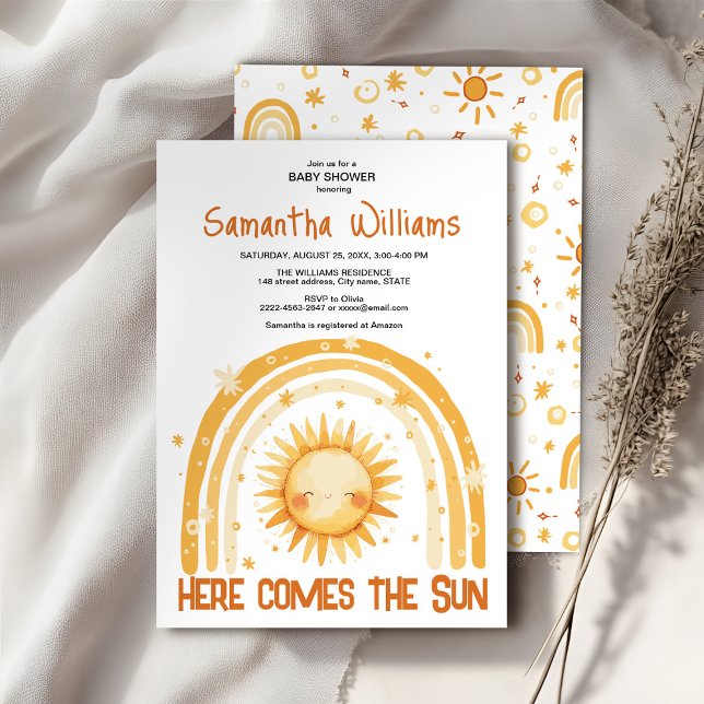 Aí vem o convite do chá de fraldas Sol (Here comes the Sun watercolor cute baby shower invitation )