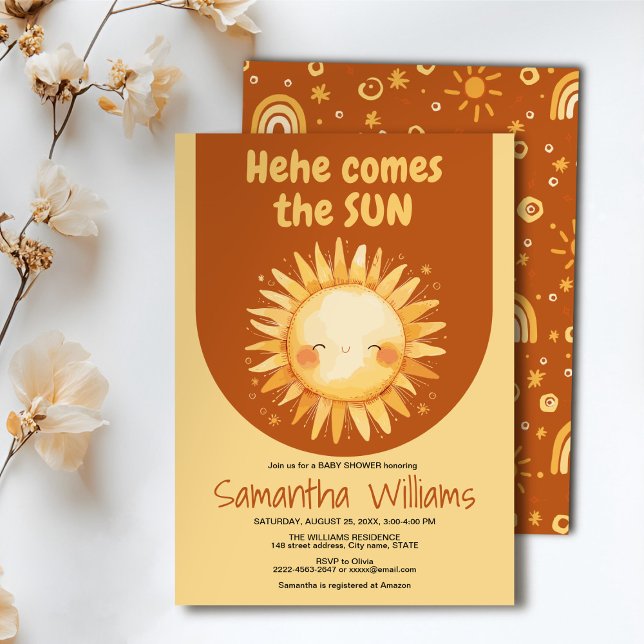 Aí vem o convite do chá de fraldas Sol (Here comes the Sun watercolor cute baby shower invitation )