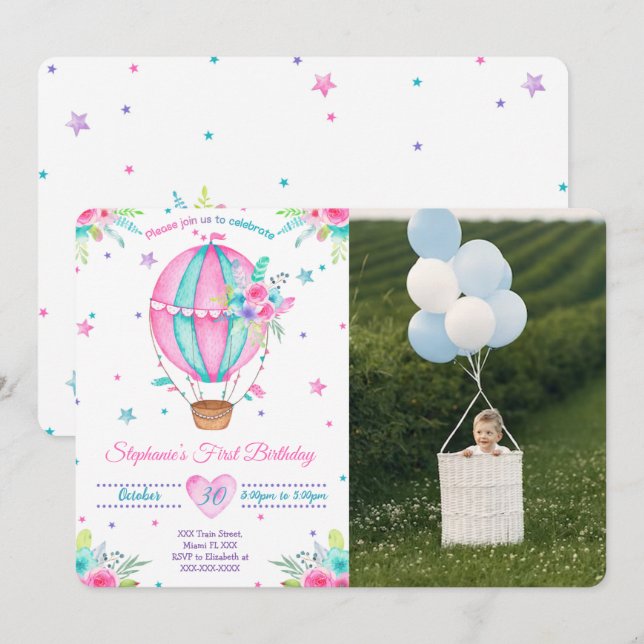 Air Ballon - Convites de Fotografia de Aniversário (Frente/Verso)