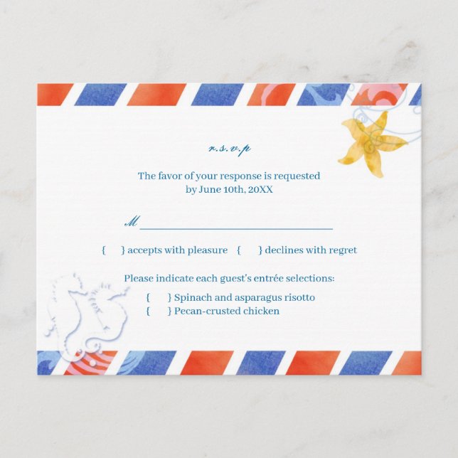 Airmail SeaHorse Beach Wedding Menu Choice RSVP (Frente)