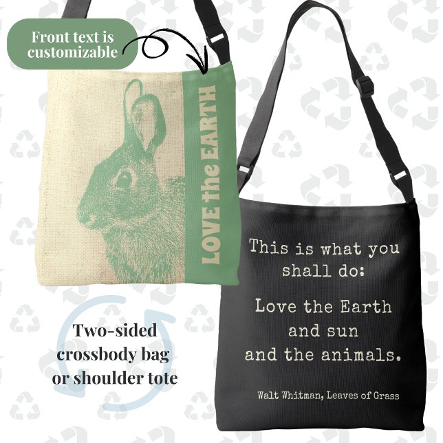 Ajustável Ame a Bolsa do Coelho Negro e Verde da Terra (Reusable, eco-friendly "Love the Earth" Bunny Bag with quote on the back. Front text customizable.)