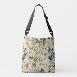 Ajustável Bela Bolsa de Têxtil Floral Azul e Flores Brancas