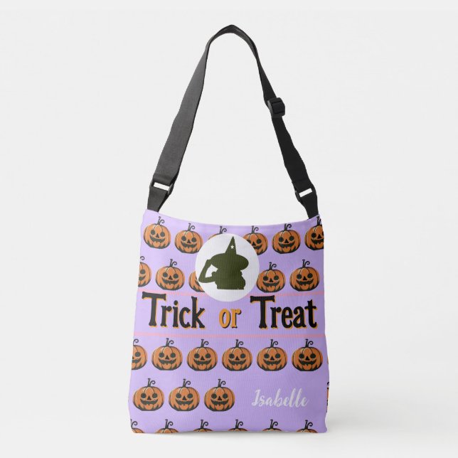 Ajustável Bolsa halloween trick ou trata whit name violet (Frente)