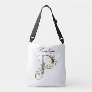 Ajustável Bolsa transversal com letra P floral em ouro elega