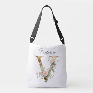 Ajustável Bolsa transversal com letra V floral em dourado el