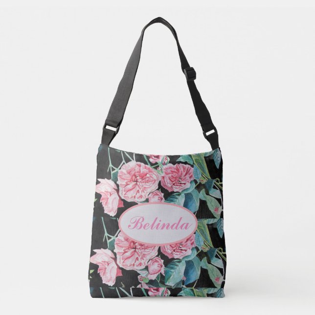 Ajustável Rosas cor-de-rosa rosa Bolsa Rosa floral negro (Frente)