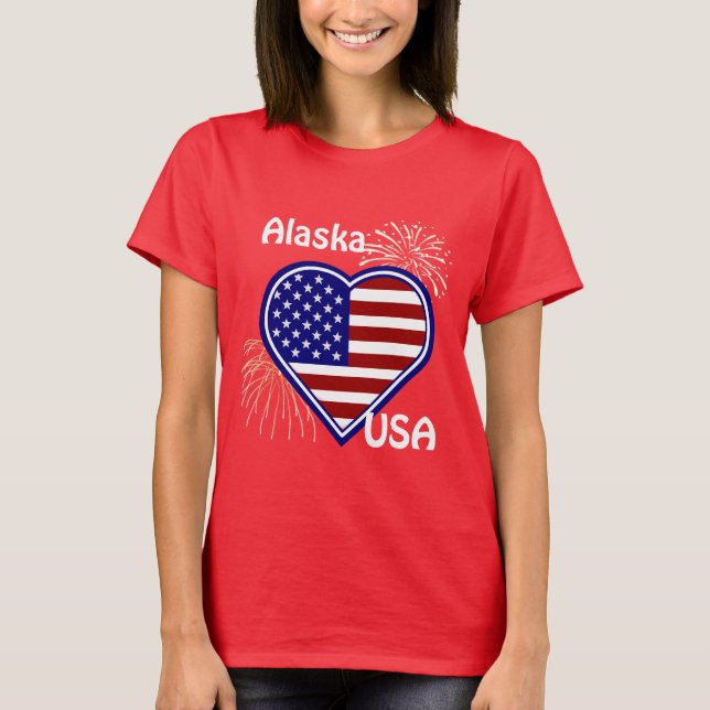 Alaska 4 de julho Fireworks Heart Flag Red T-shirt (Frente)
