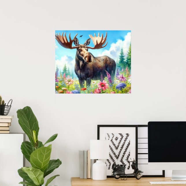 Alce de Verão bonito com Poster de flores silvestr (Escritório em casa)