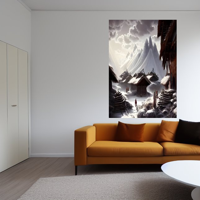 Aldeia na neve e na montanha | AI Art Poster (Criador carregado)