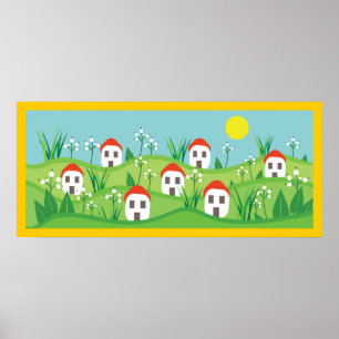 Aldeia primavera, telhados vermelhos, Poster