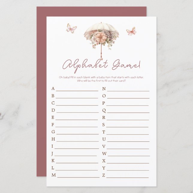 Alfabeto de Chá de Bebê com Guarda-Chuva Floral Vi (Frente/Verso)