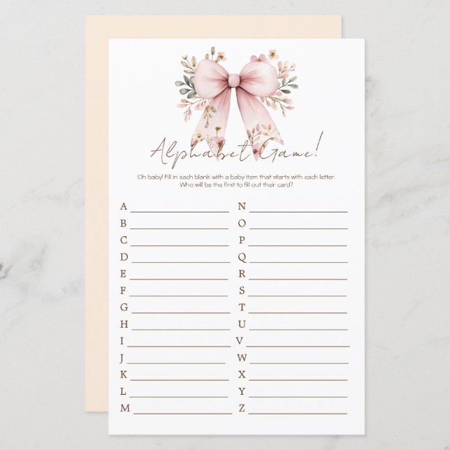 Alfabeto do Chá de Bebê Menina com Laço Rosa Flora (Frente/Verso)