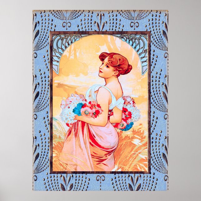 Alfonse Mucha Lady com flores Poster (Frente)