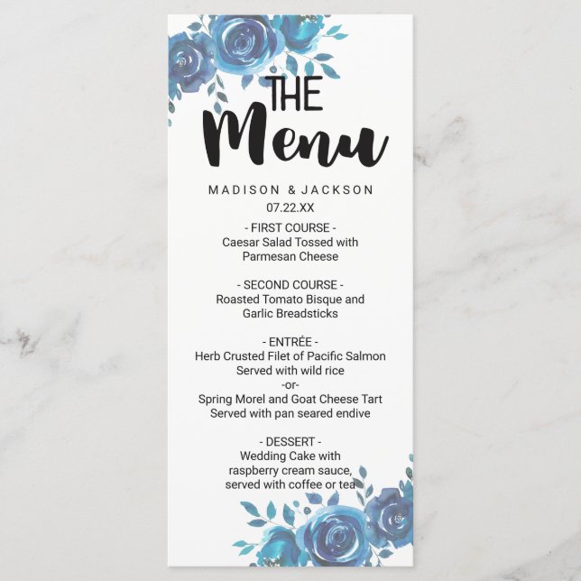 Algo Azul Aquarela Menu Floral Casamento (Frente)