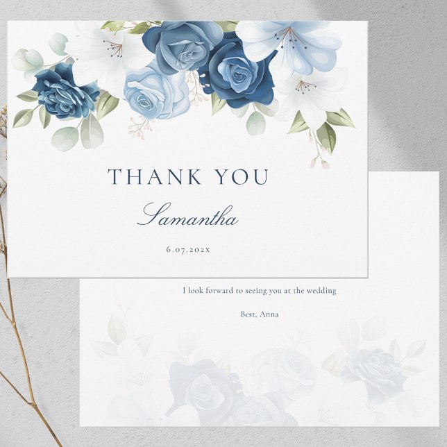 Algo azul de Cartões de agradecimentos de Chá de p (Something Blue Floral Bridal Shower Thank You Card)