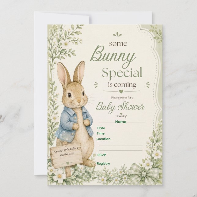 Algum Coelhinho Especial Convite para Chá de Bebê  (Frente)