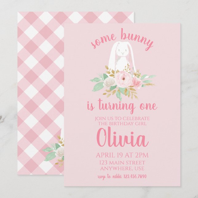 Algum Coelho Convite de Aniversário floral e Rosa (Frente/Verso)