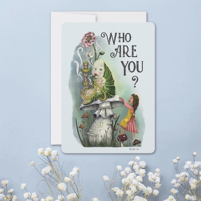 Alice Bonita no País das Maravilhas (Pastel blue alice in wonderland flat card with a caterpillar smoking a hookah pipe on a mushroom)