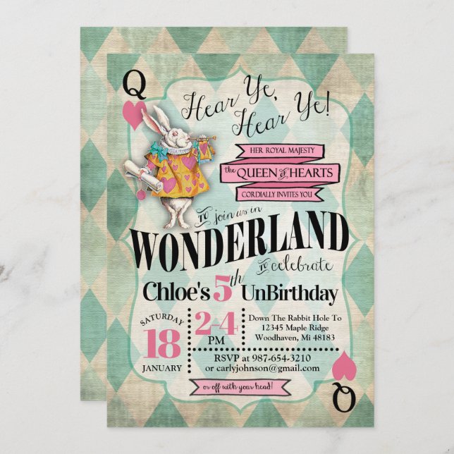 Alice em convites do aniversário do país das (Frente/Verso)