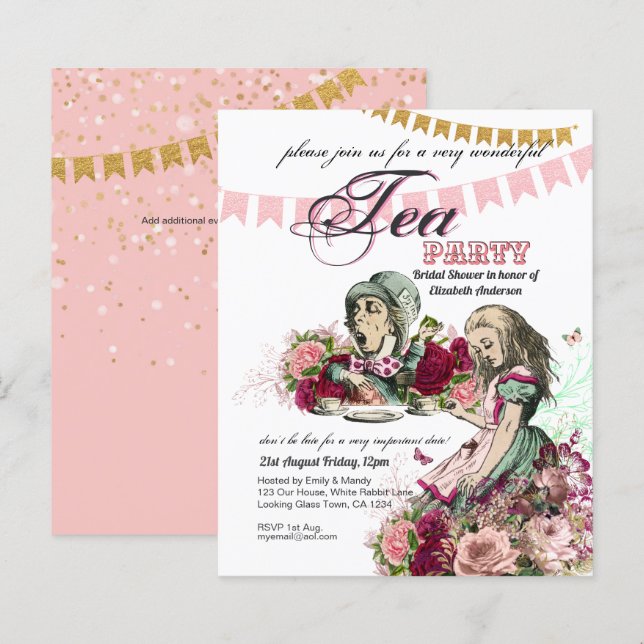 Alice In Wonderland Tea Convite de festas EVENTOS (Frente/Verso)
