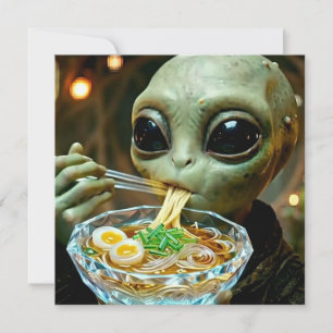 Alienígena engraçado comendo macarrão Ramen
