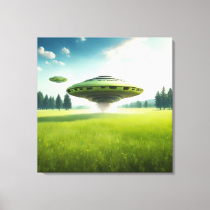 Aliens de OVNI canvas engraçadas em um prado verde