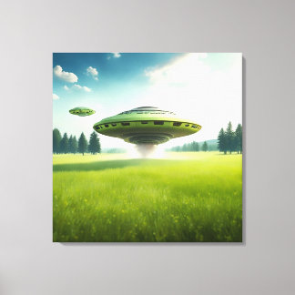 Aliens de OVNI canvas engraçadas em um prado verde