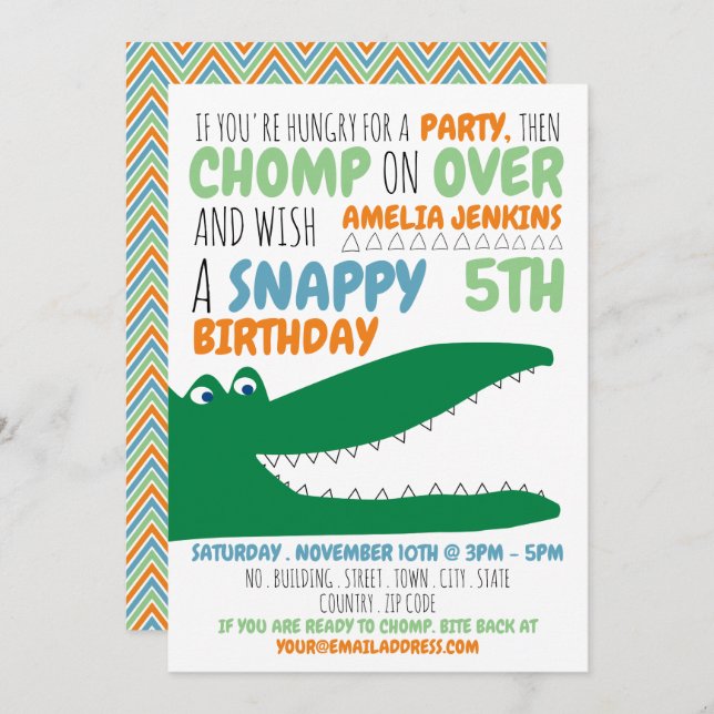 Alligator Chomp, Convite de aniversário Chevron (Frente/Verso)