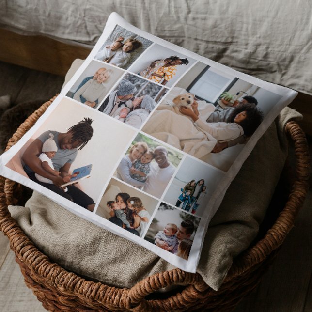 Almofada 10 Colagem de Fotos Personalizada (10 Photo Collage Personalized Throw Pillow by Ricaso. Add own photographs, two sided black & white.)