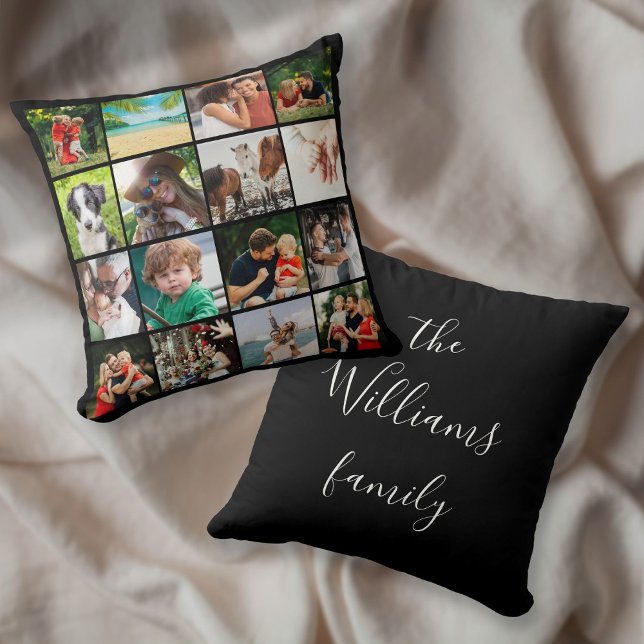 Almofada 16 Nome do Script da Família de Colagem de Fotos (16 Photo Collage Family Script Name Throw Pillow)