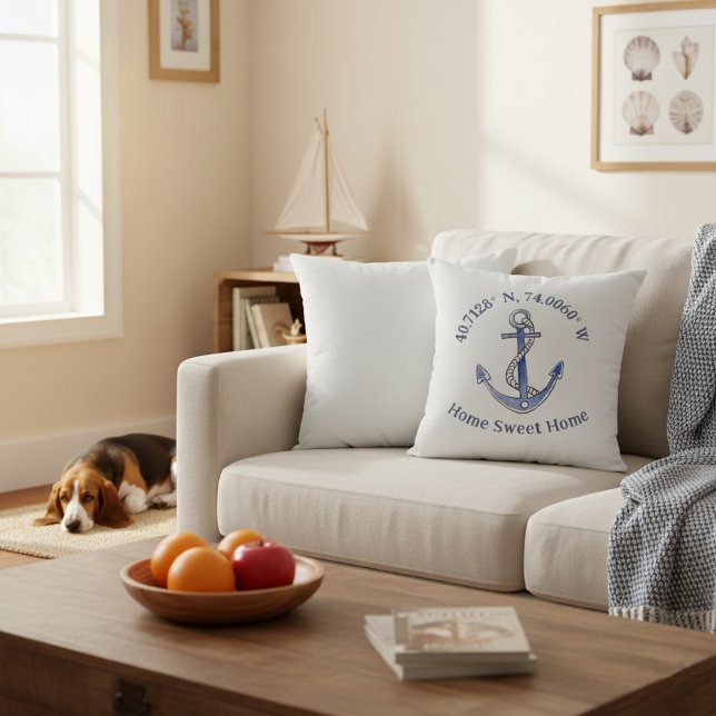 Almofada 16x16 Casa Doce Lar Localização e Travesseiro Ânco (Home sweet home custom location throw pillow with anchor.)